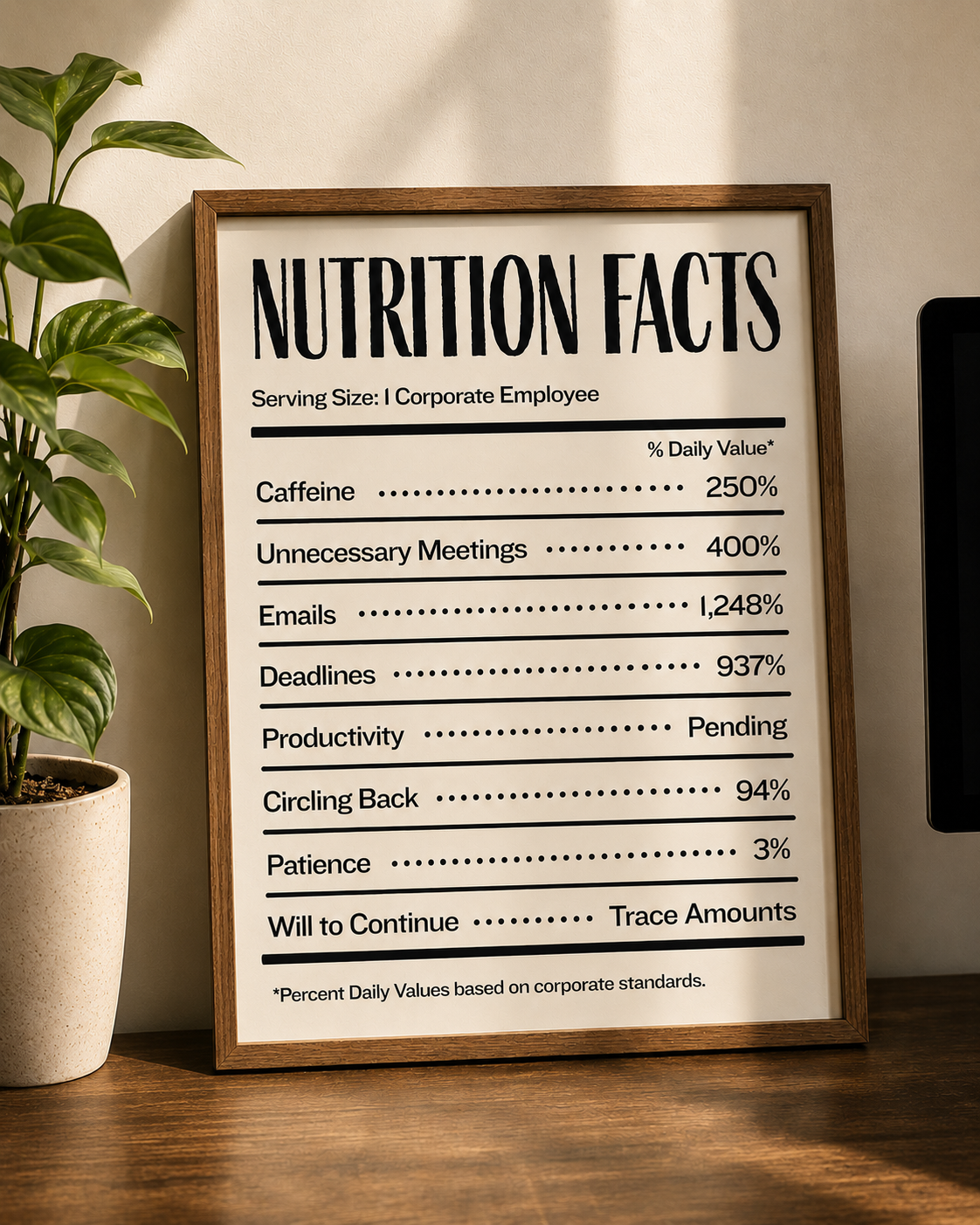 Nutrition Facts— Funny Office Wall Art for Corporate Employees